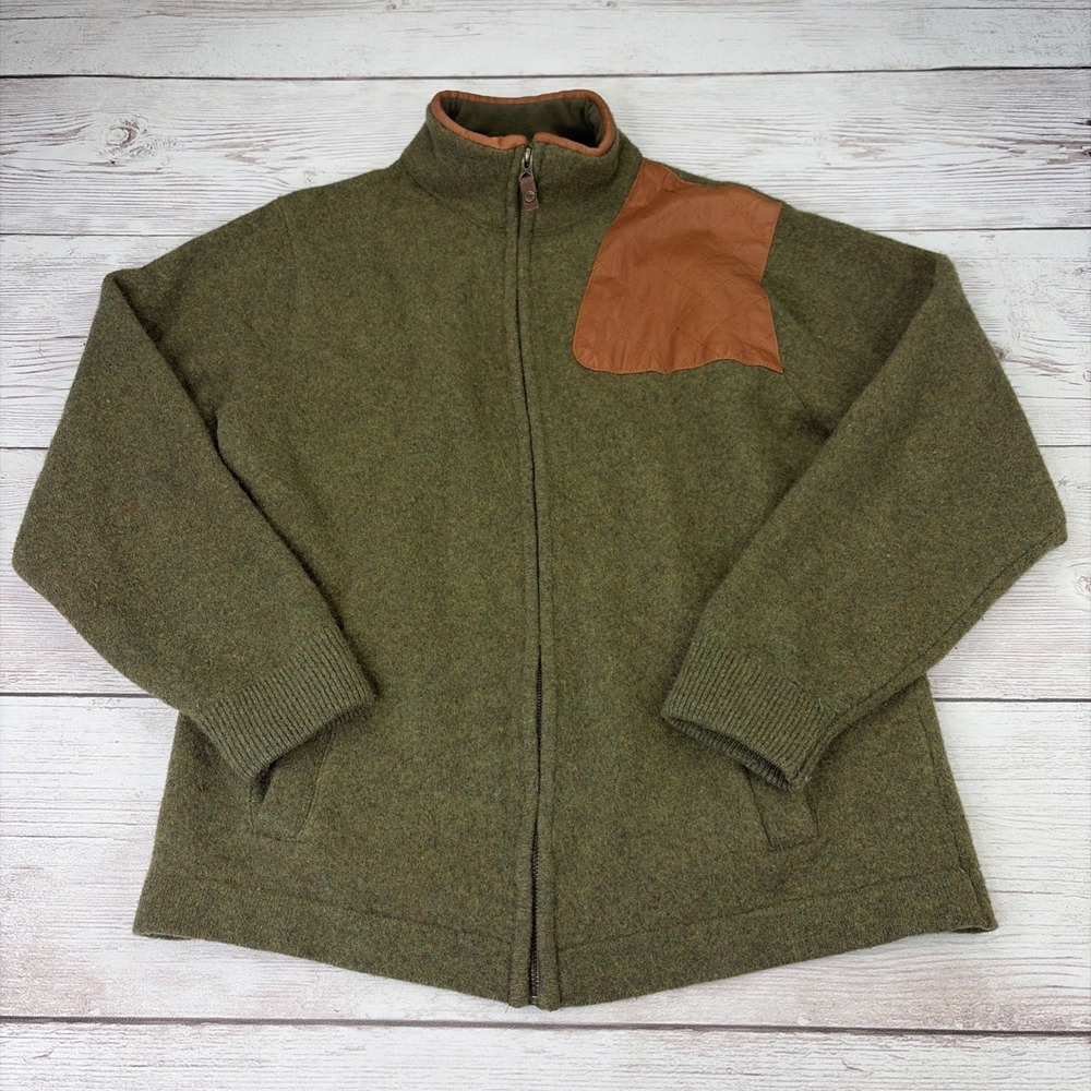 Orvis Men's L Wool Jacket Full Zip Sweater Shooting Field Hunting Shoulder Patch